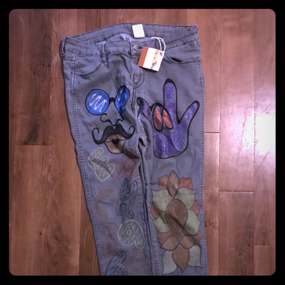 Hand painted pre owned grey jeans